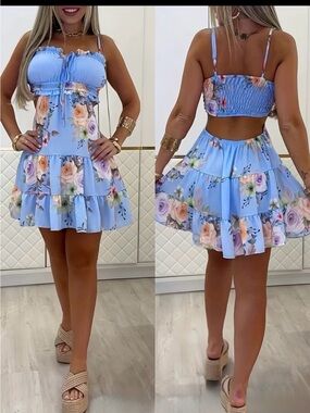 Temu Sky Blue Floral Cutout Mini Dress - Ruched Bust Tiered Skirt size Small